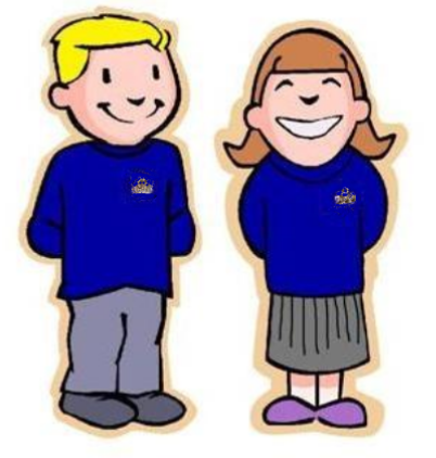 Cartoon boy and girl smiling in blue long-sleeved tops with gold logos and grey bottoms, representing school uniforms.